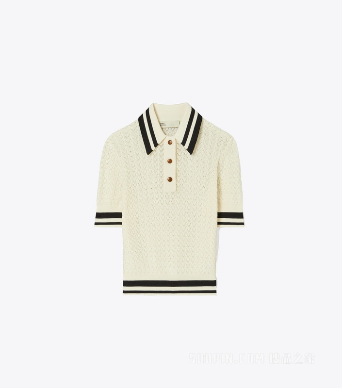 棉质镂空 Polo 衫 象牙白/黑色