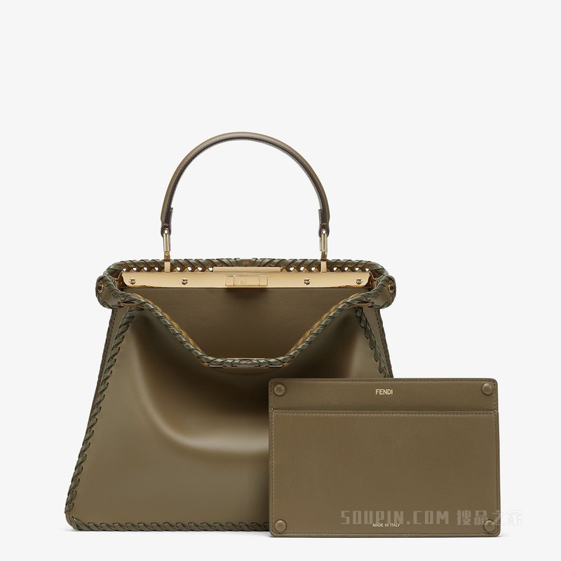 Peekaboo ISeeU中号手袋 饰有双色交织细节的绿色皮革手袋