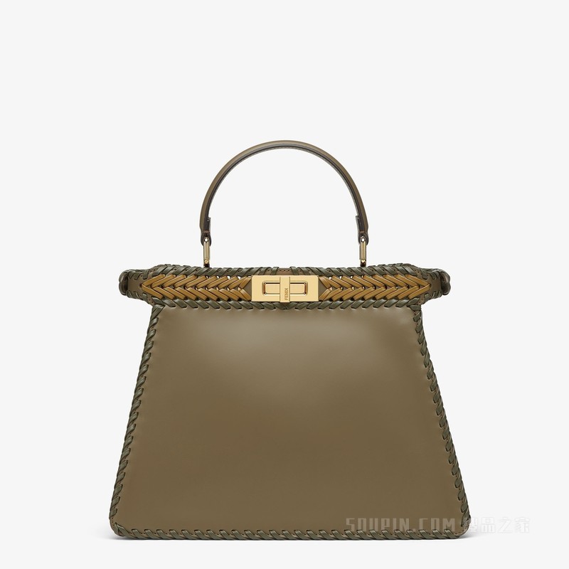 Peekaboo ISeeU中号手袋 饰有双色交织细节的绿色皮革手袋