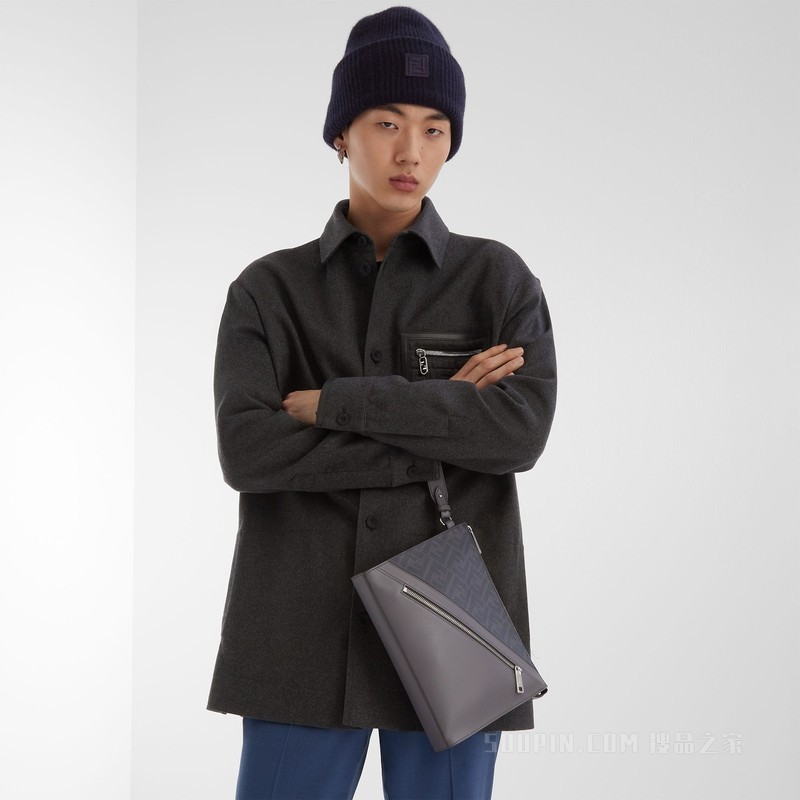 FENDI Diagonal扁平手拿包 灰色FF帆布手拿包