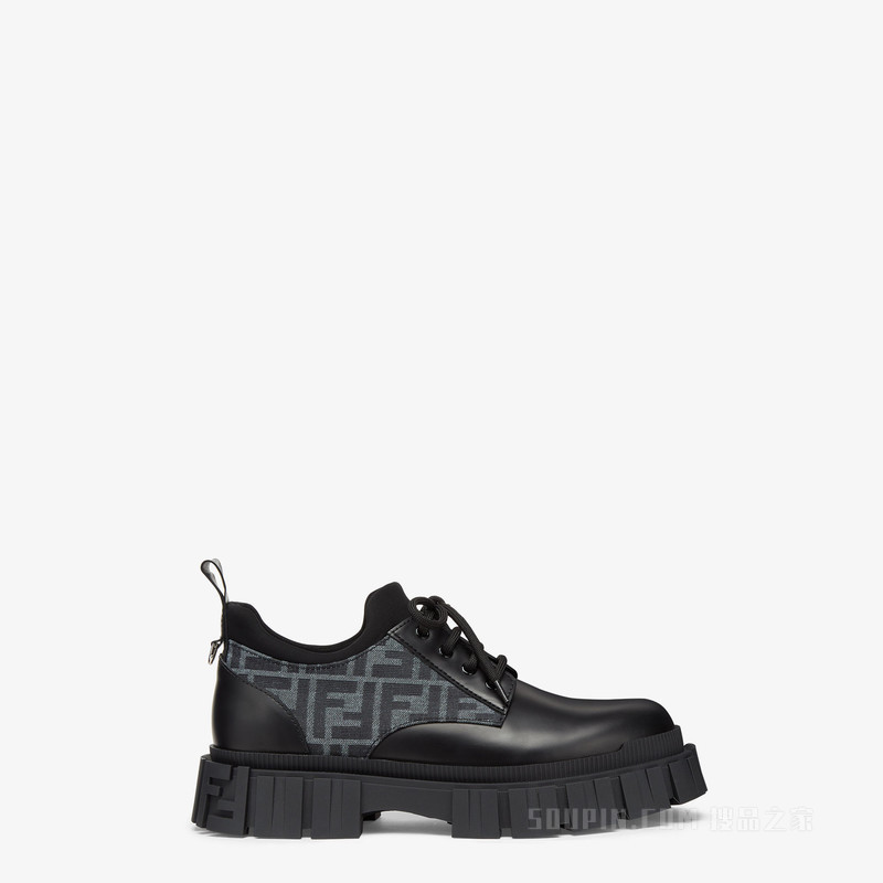 FENDI Force系带鞋 蓝色FF提花和黑色皮革系带鞋