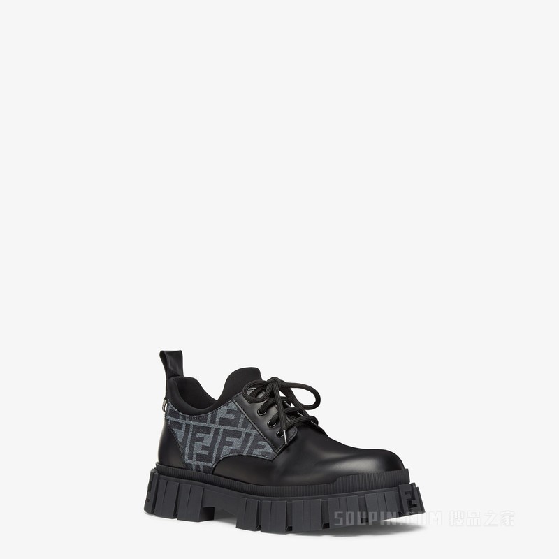 FENDI Force系带鞋 蓝色FF提花和黑色皮革系带鞋