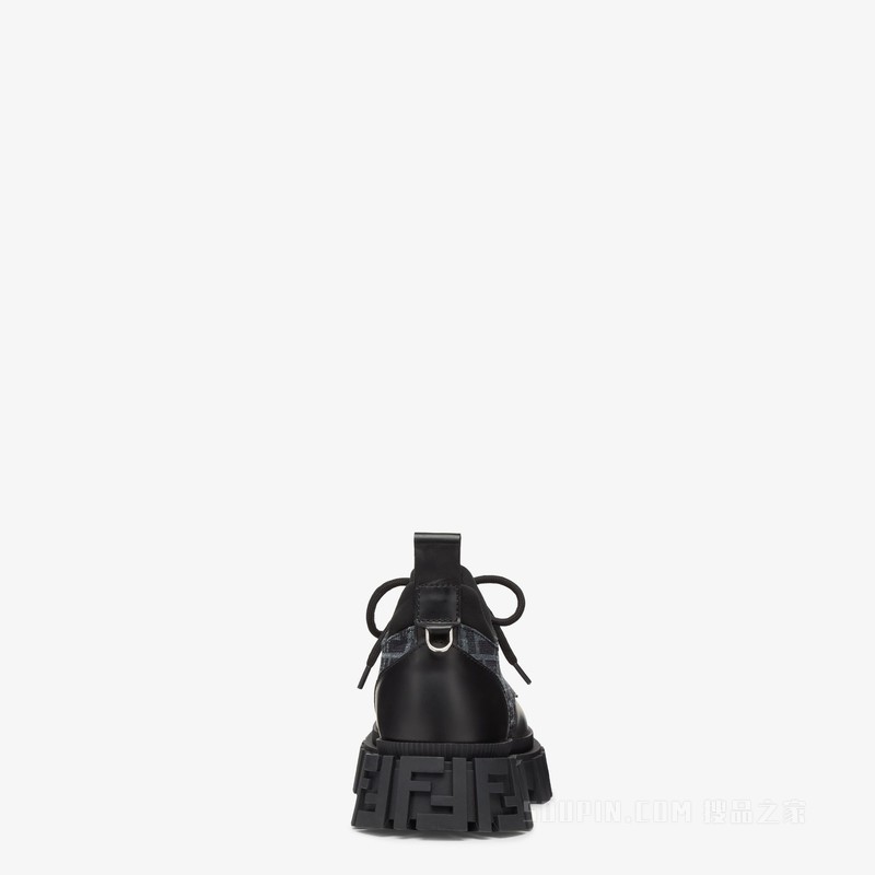 FENDI Force系带鞋 蓝色FF提花和黑色皮革系带鞋