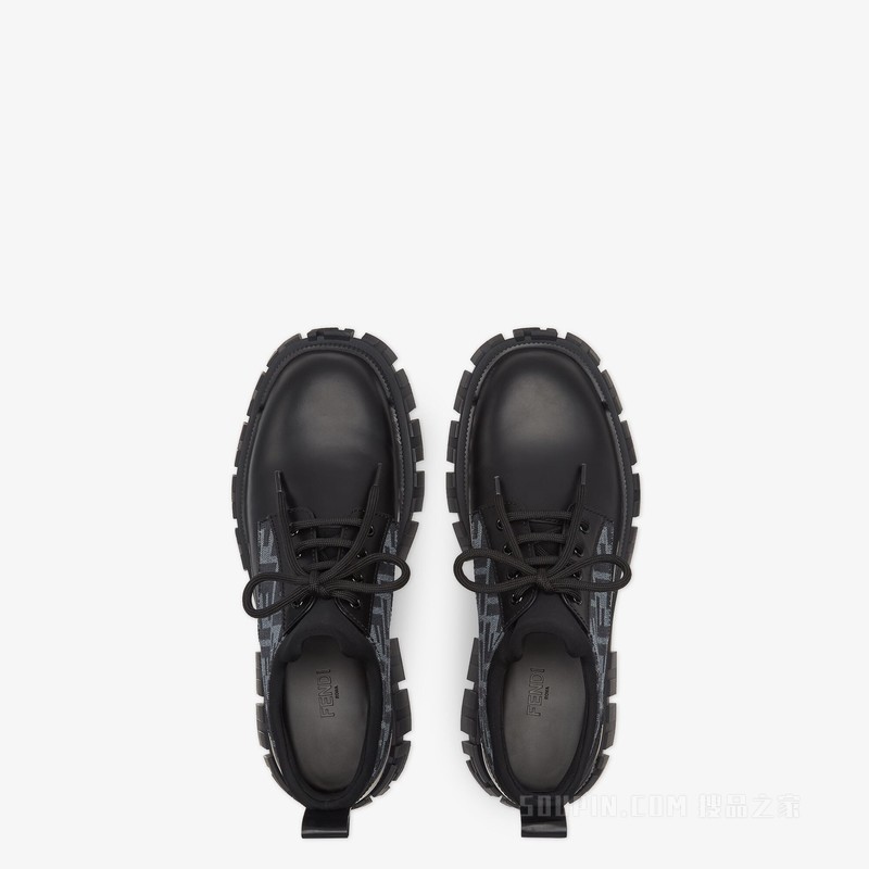 FENDI Force系带鞋 蓝色FF提花和黑色皮革系带鞋