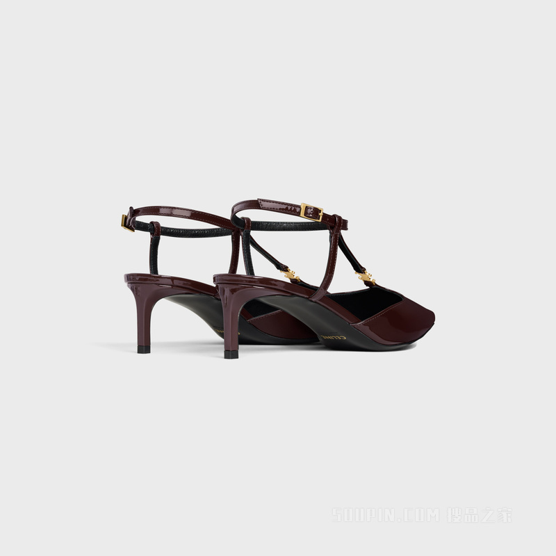KITTEN漆面牛皮革T字带高跟鞋 深棕色-19DK