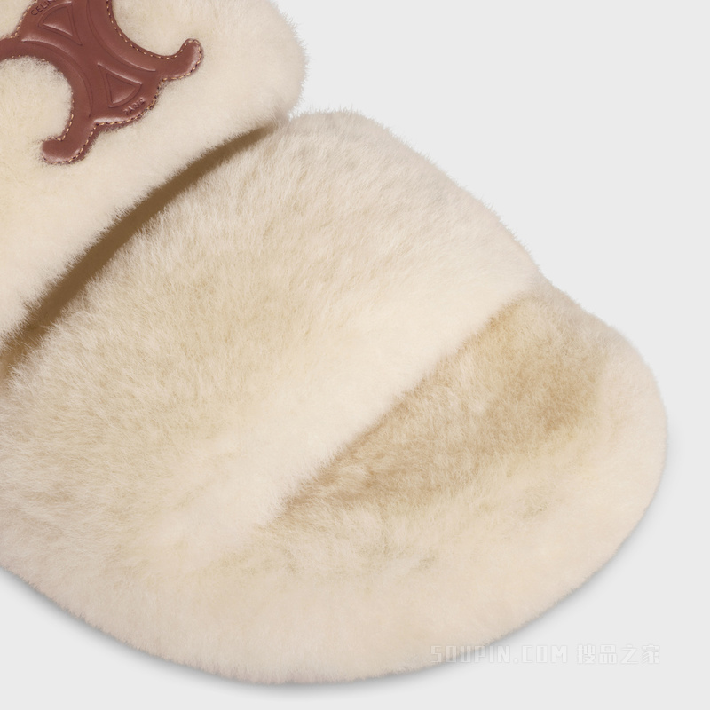 FUR SLIDES TRIOMPHE羊毛革拖鞋 米色/棕色-02WN