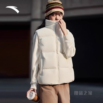 安踏女子冬季灯芯绒羽绒立领马甲休闲夹克运动上衣
