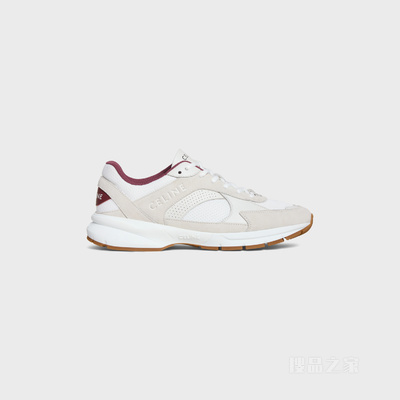 CELINE RUNNER CR-03网眼织物、牛皮绒面革和镂孔牛皮革低帮系带运动鞋 Optic White/Beige/Burgundy-00DY