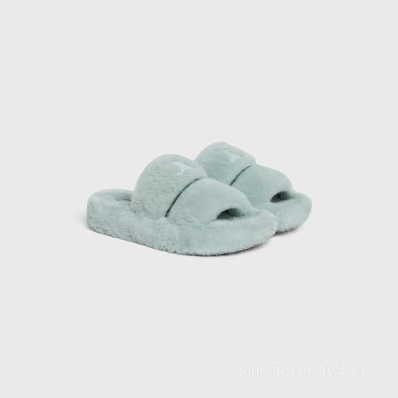 FUR SLIDES TRIOMPHE羊毛革拖鞋 浅蓝色-05LB