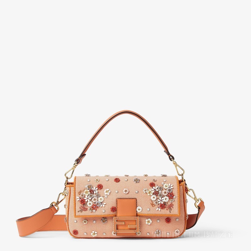 Baguette FENDI Flower Bouquet橙色牛仔面料效果提花手袋