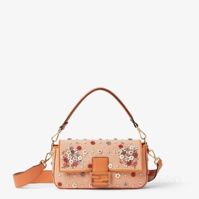 Baguette FENDI Flower Bouquet橙色牛仔面料效果提花手袋