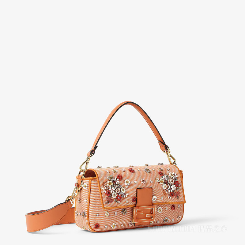Baguette FENDI Flower Bouquet橙色牛仔面料效果提花手袋