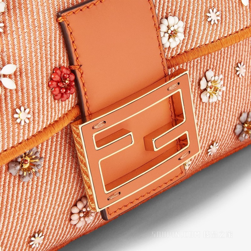 Baguette FENDI Flower Bouquet橙色牛仔面料效果提花手袋