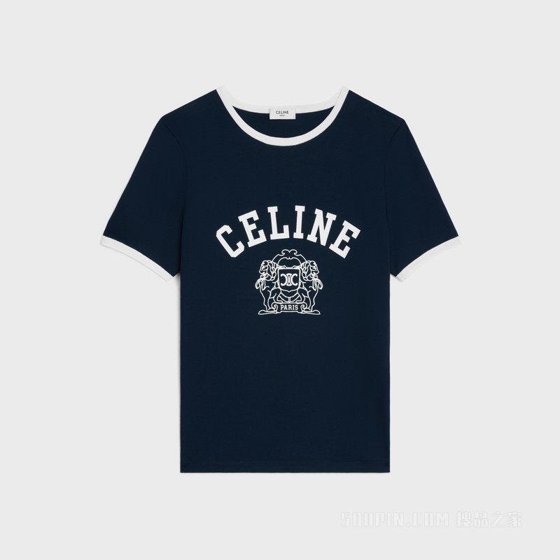 CELINE徽章棉质平纹针织70年代风格T恤 海军蓝/米白色-07OW