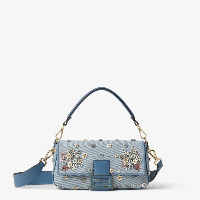 Baguette FENDI Flower Bouquet蓝色牛仔面料效果提花手袋