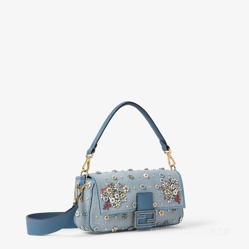Baguette FENDI Flower Bouquet蓝色牛仔面料效果提花手袋
