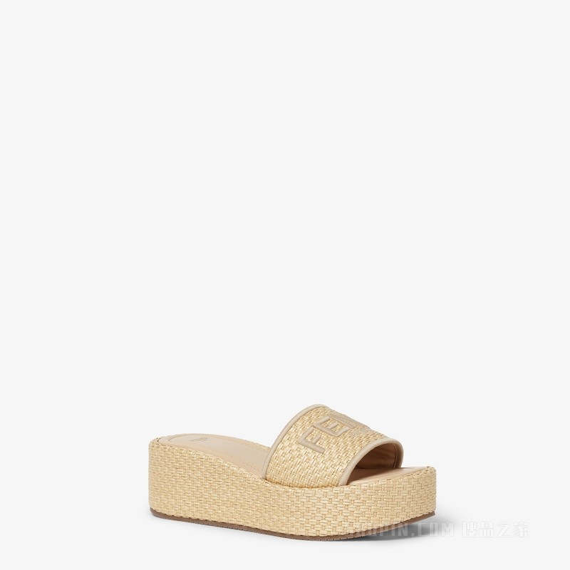 FENDI Sunshine 米色拉菲草厚底凉拖鞋
