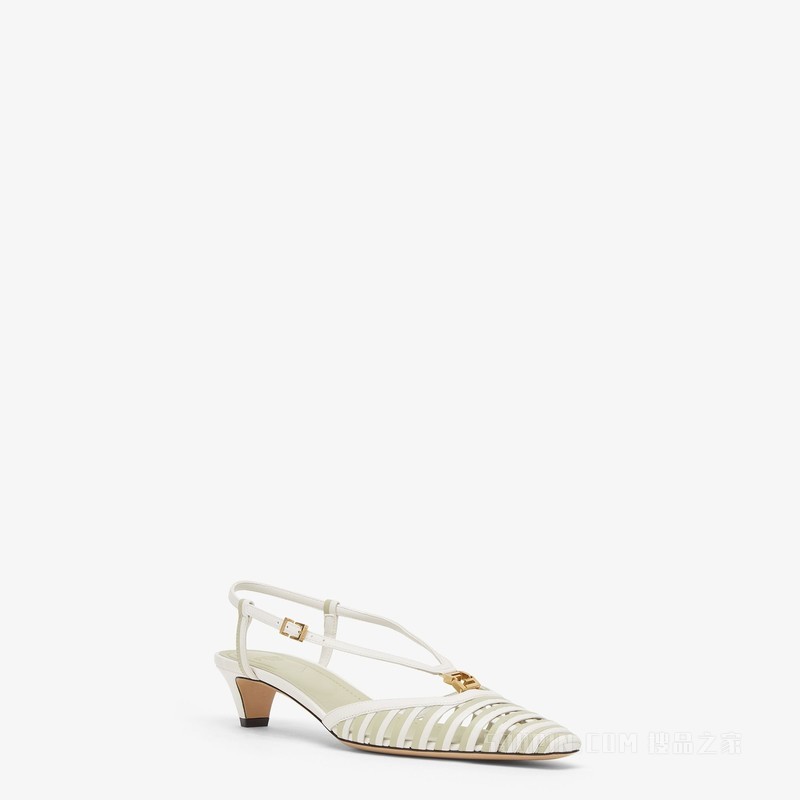 FENDI FFold 白色和绿色皮革低跟露跟凉鞋