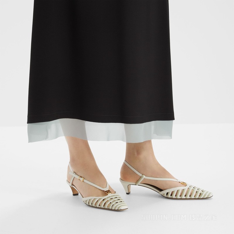FENDI FFold 白色和绿色皮革低跟露跟凉鞋