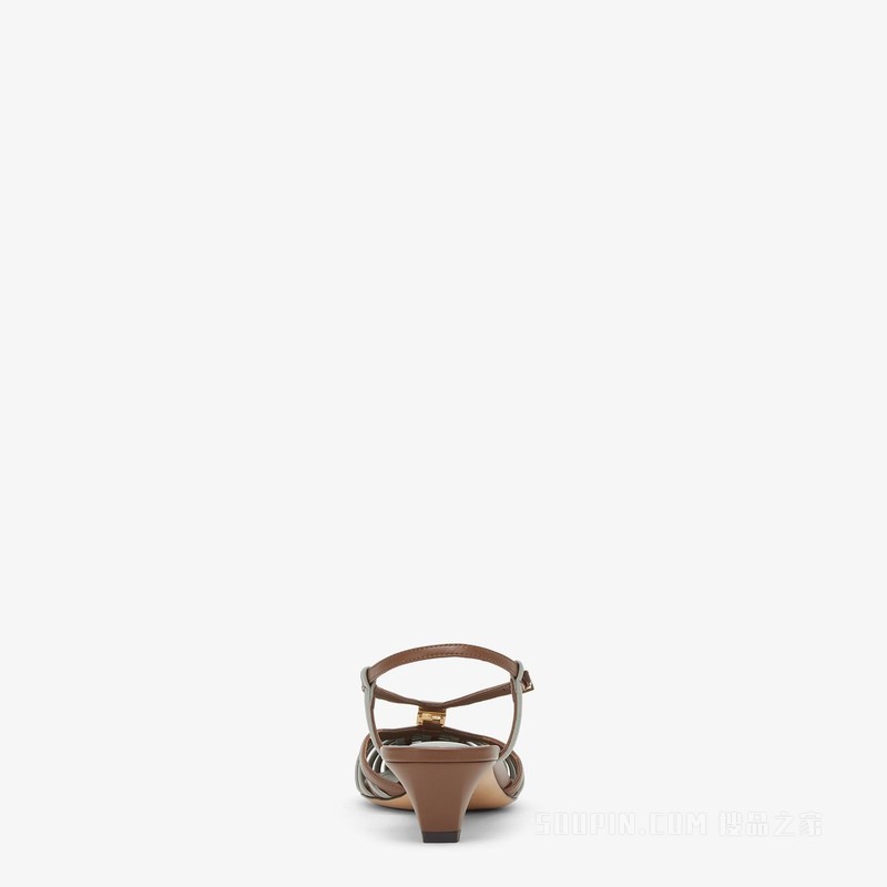 FENDI FFold 棕色和抹茶绿皮革低跟露跟凉鞋