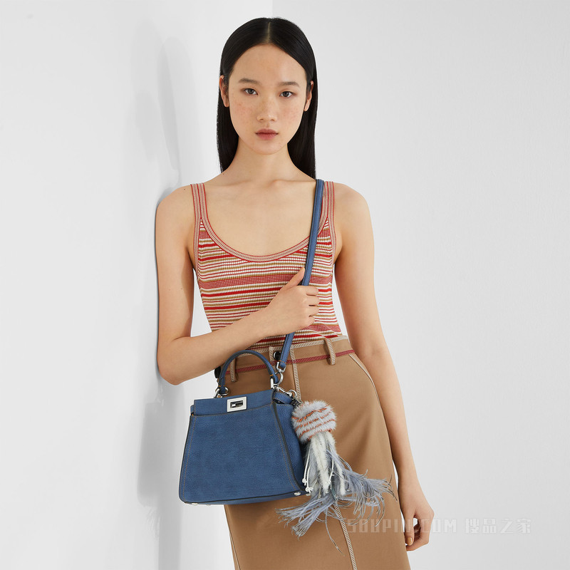 Peekaboo迷你手袋 牛仔面料效果蓝色皮革手袋