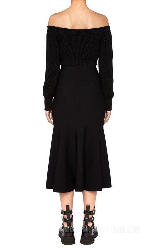 Black knitted dress with embroidered shoulder motif