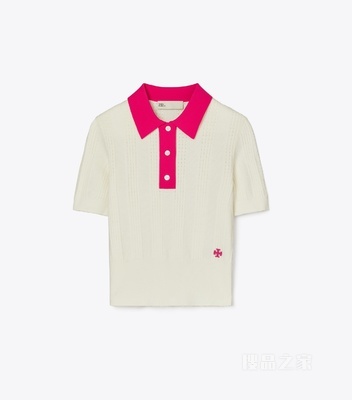 棉质镂空 Polo 衫 象牙白/亮粉色
