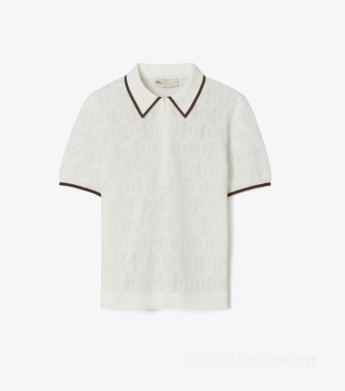 T Monogram 拉链 Polo 衫 白色/咖啡色