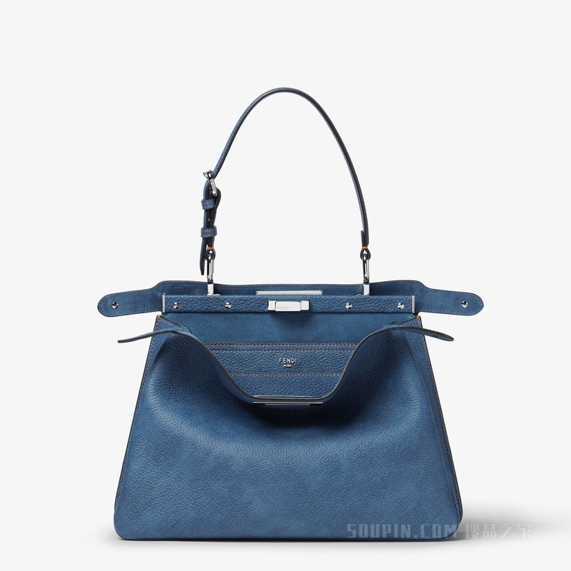 FENDI/芬迪】Peekaboo Soft中号手袋牛仔面料效果蓝色皮革手袋