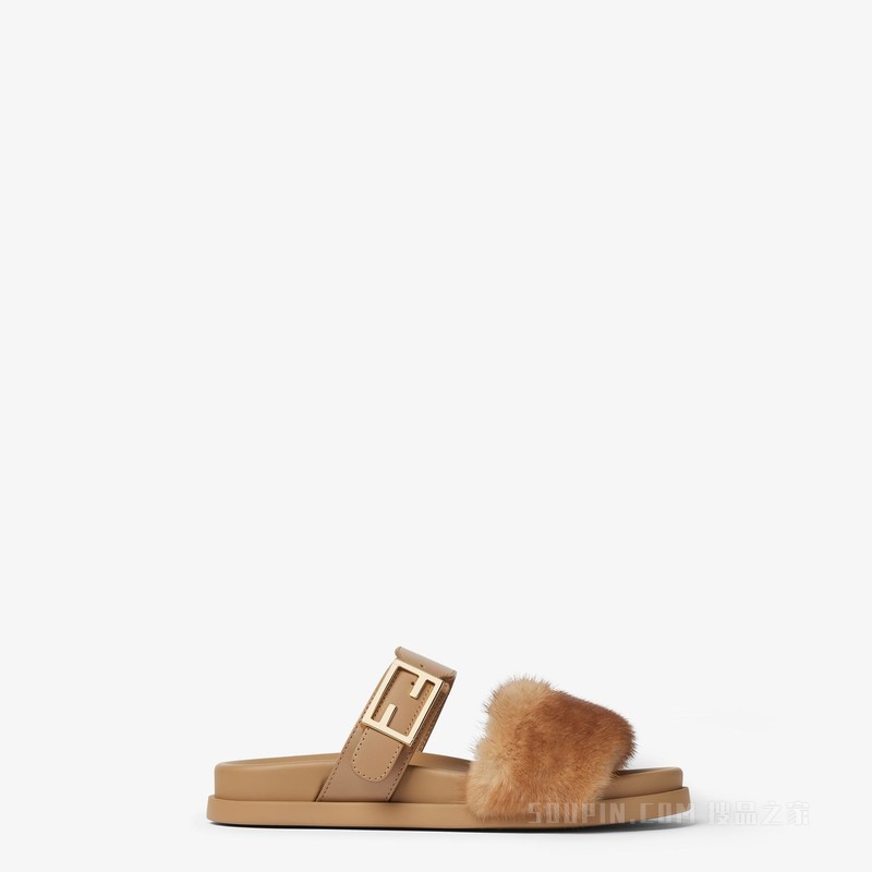 FENDI Feel 浅棕色皮革和貂皮凉拖鞋