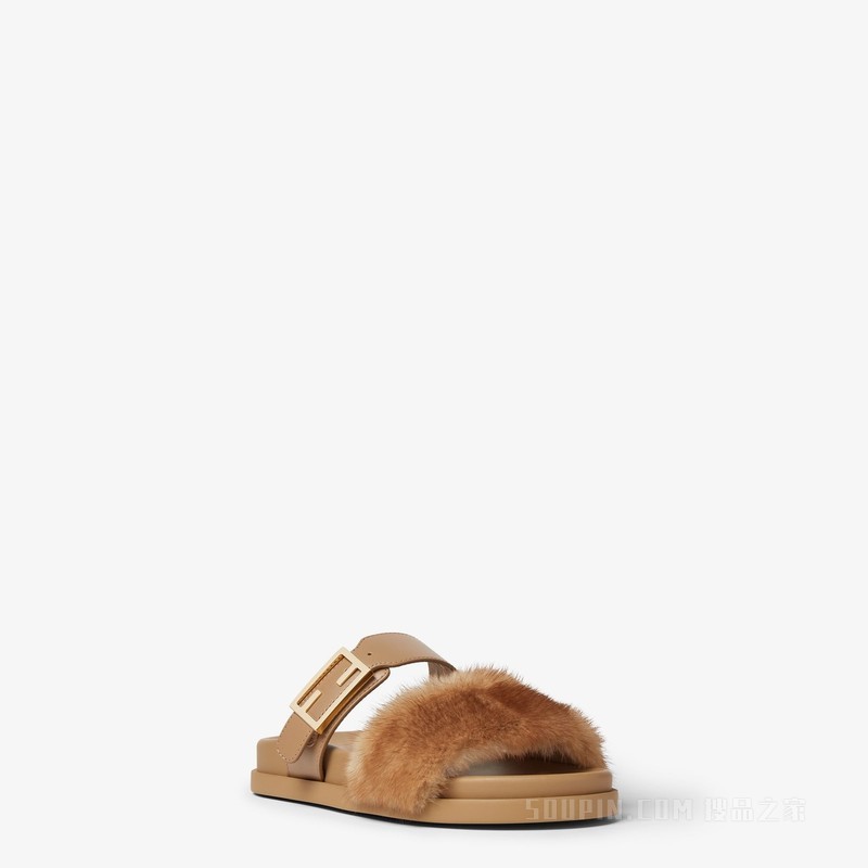 FENDI Feel 浅棕色皮革和貂皮凉拖鞋