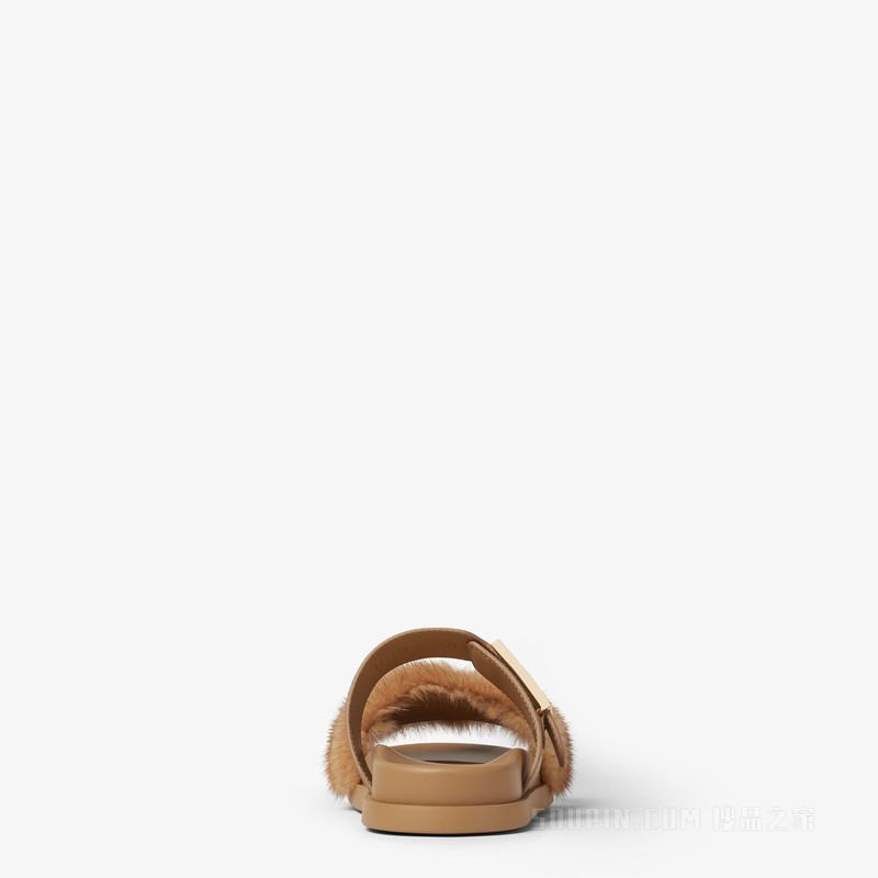 FENDI Feel 浅棕色皮革和貂皮凉拖鞋