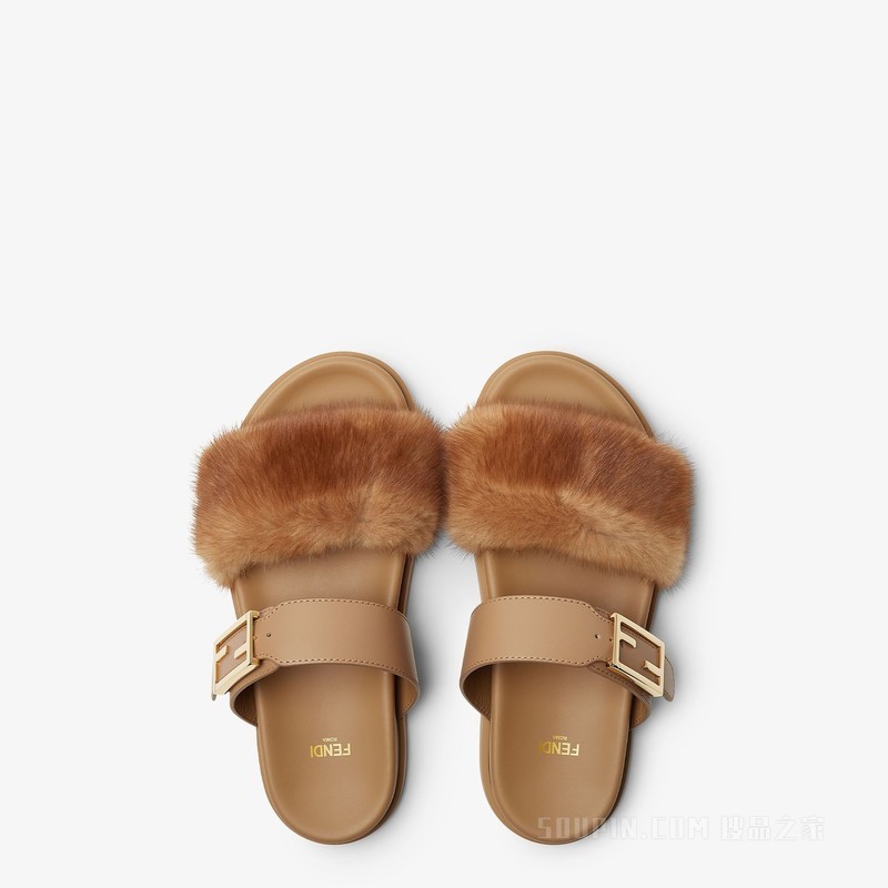 FENDI Feel 浅棕色皮革和貂皮凉拖鞋