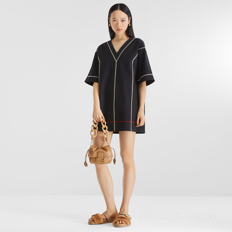 FENDI Feel 浅棕色皮革和貂皮凉拖鞋