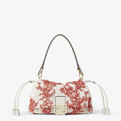 Mamma Baguette中号手袋 Sea Garden Coral红色和山茶花白刺绣手袋