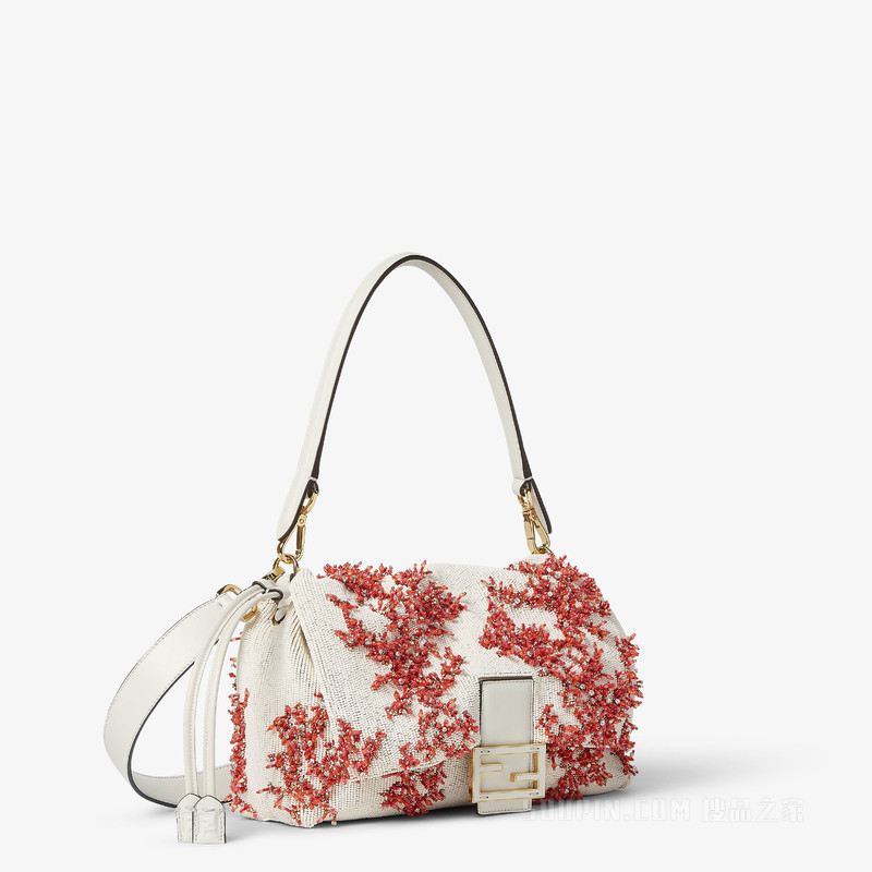 Mamma Baguette中号手袋 Sea Garden Coral红色和山茶花白刺绣手袋