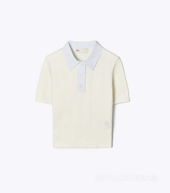 棉质镂空 Polo 衫 象牙白/浅蓝色
