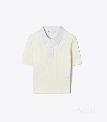 棉质镂空 Polo 衫 象牙白/浅蓝色