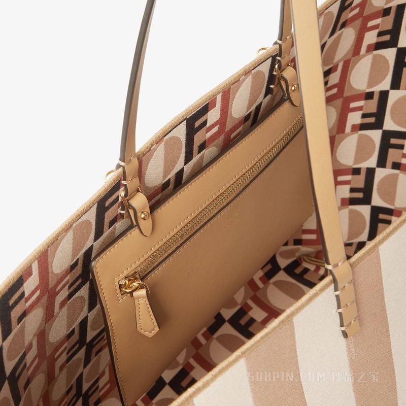 大号Roll手袋 奶咖色条纹Pequin和FENDI Optical提花布料手提袋