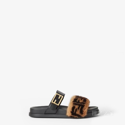 FENDI Feel 黑色皮革和貂皮FF凉拖鞋