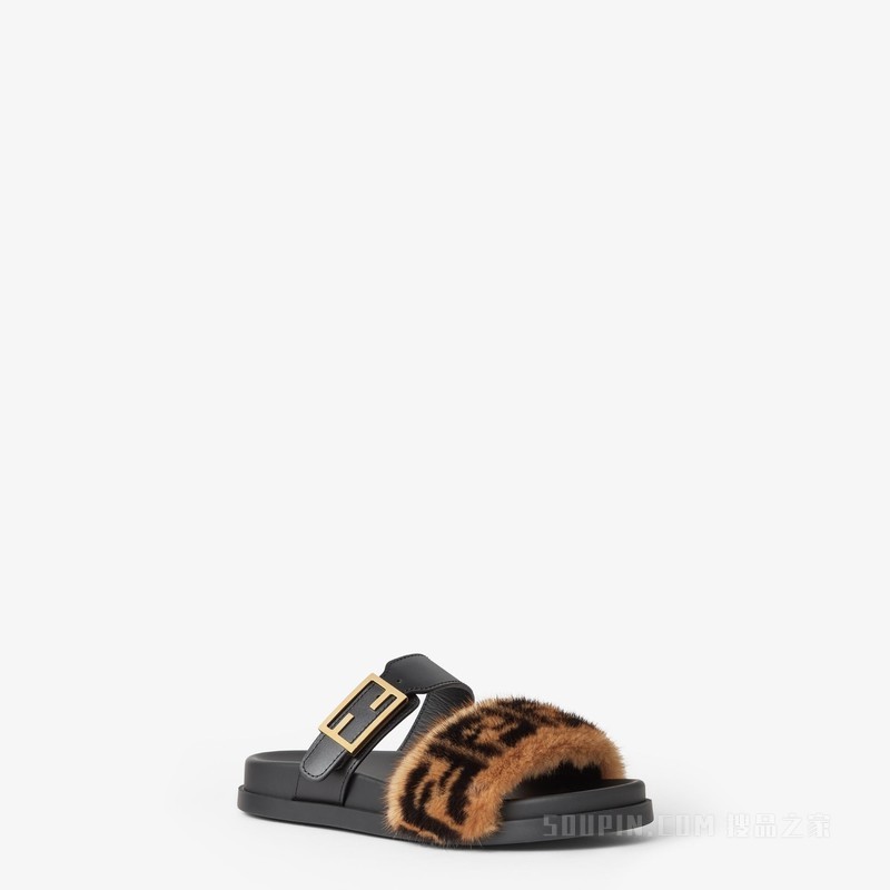 FENDI Feel 黑色皮革和貂皮FF凉拖鞋