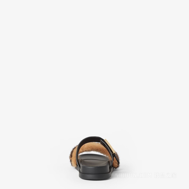 FENDI Feel 黑色皮革和貂皮FF凉拖鞋