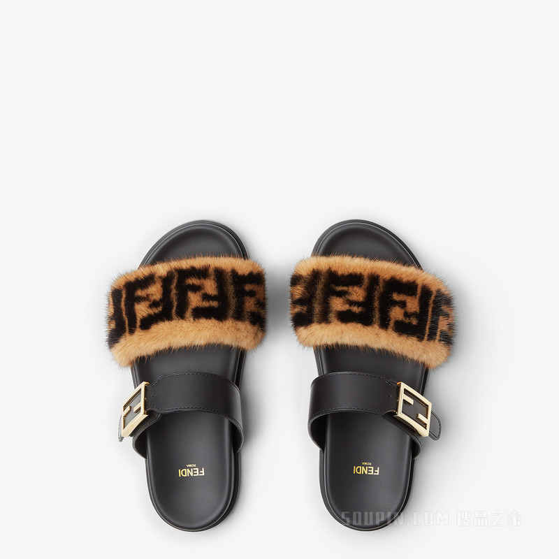 FENDI Feel 黑色皮革和貂皮FF凉拖鞋
