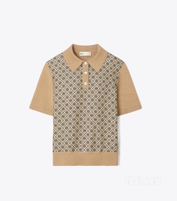 桑蚕丝前襟 Polo 衫 骆驼棕/驼色迷你 T Monogram 图案