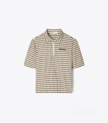 半拉链格纹 Polo 衫 象牙白/黑色格纹