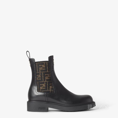 FENDI Filo 黑色皮革和FF布料机车靴