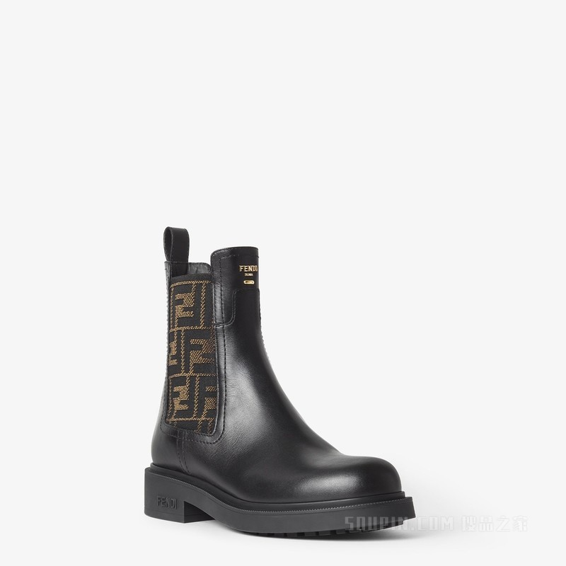 FENDI Filo 黑色皮革和FF布料机车靴