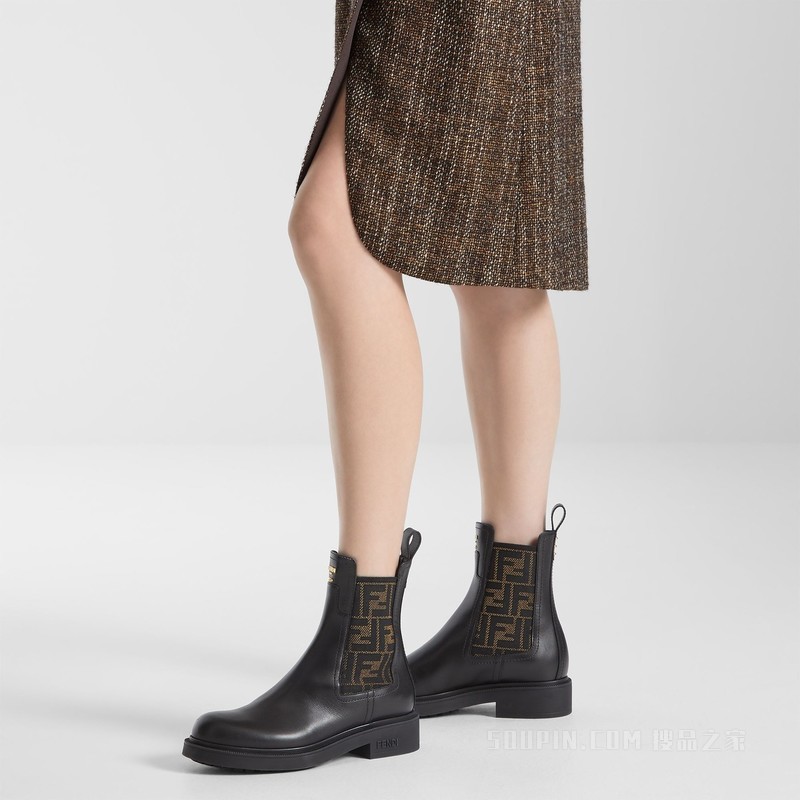 FENDI Filo 黑色皮革和FF布料机车靴