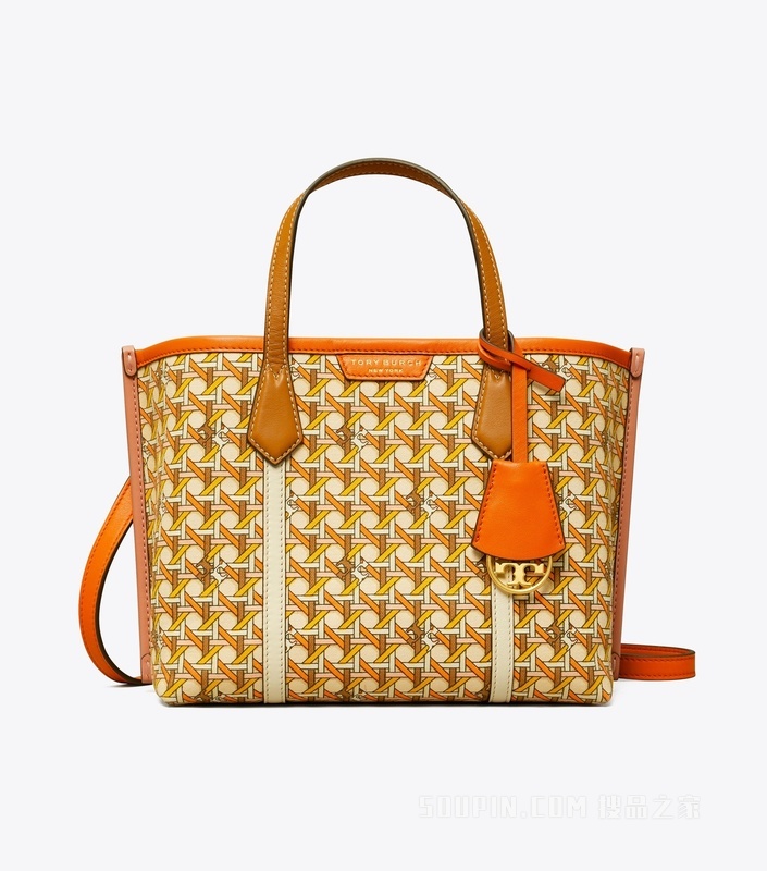 Perry Printed Canvas 小号三重隔层托特包 橙色 CANING Logo 几何图案