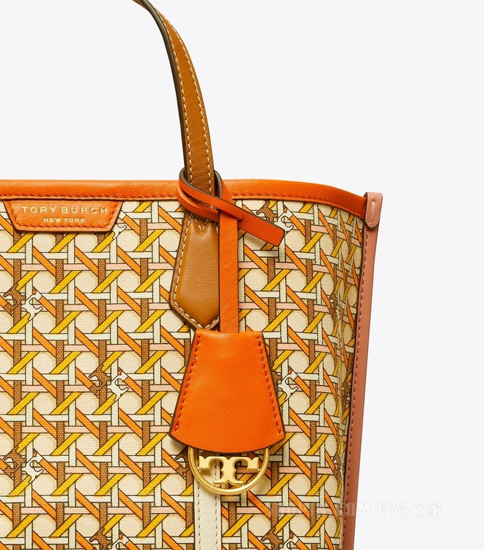 Perry Printed Canvas 小号三重隔层托特包 橙色 CANING Logo 几何图案